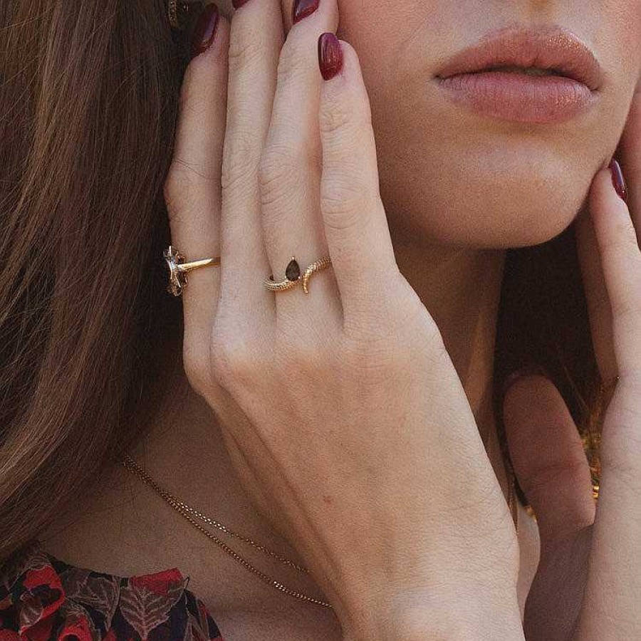 Local Eclectic Solid Gold Smoky Quartz Snake Ring For Transformation