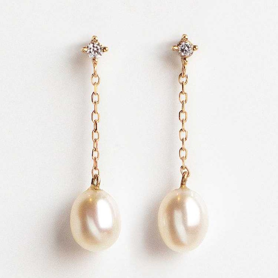 Local Eclectic Solid Gold Pearl And White Sapphire Drop Earrings