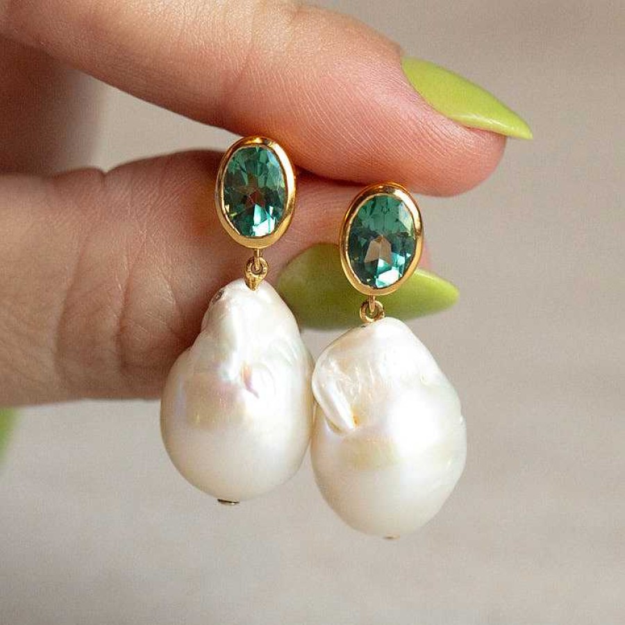 Local Eclectic Baroque Pearl And Green Topaz Drop Earrings