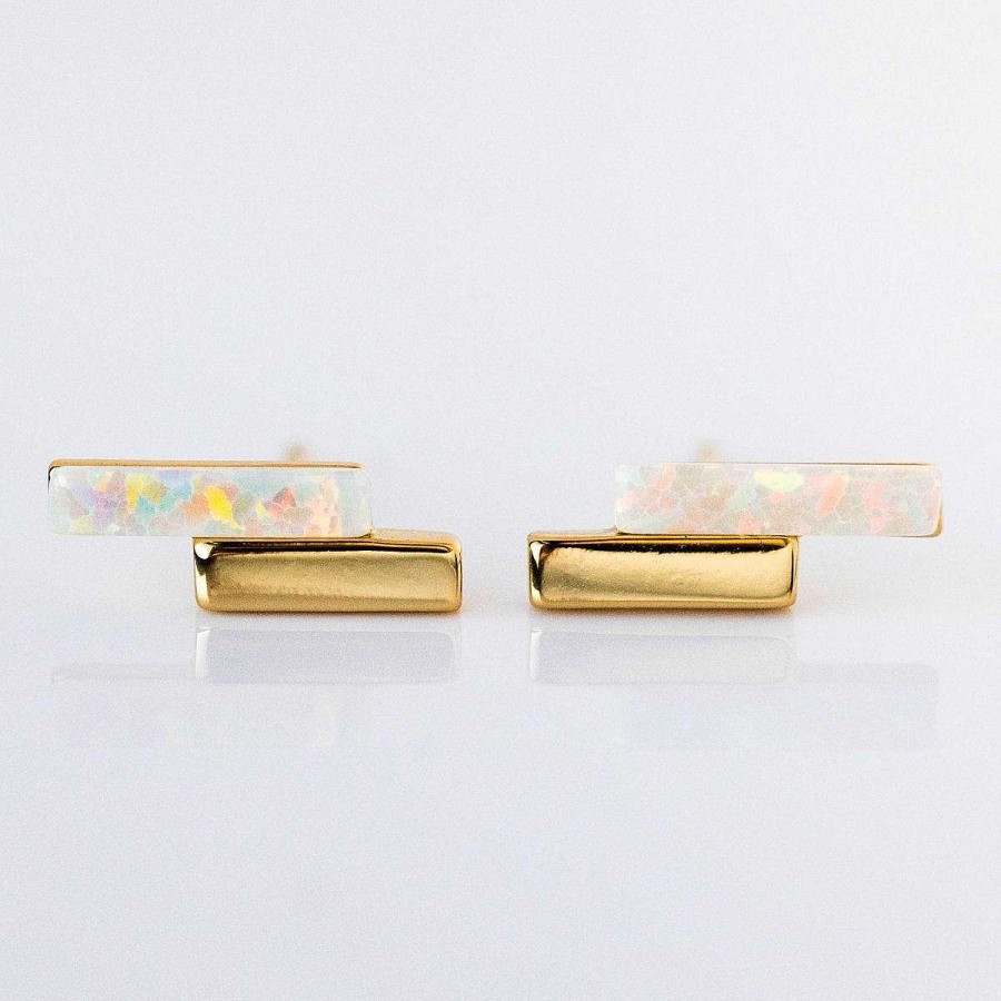 Local Eclectic Mod Bar Gem Stud Earrings With Opal