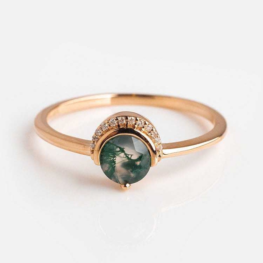 Local Eclectic 9Kt Rose Gold Diamond And Moss Agate Celestial Sky Ring