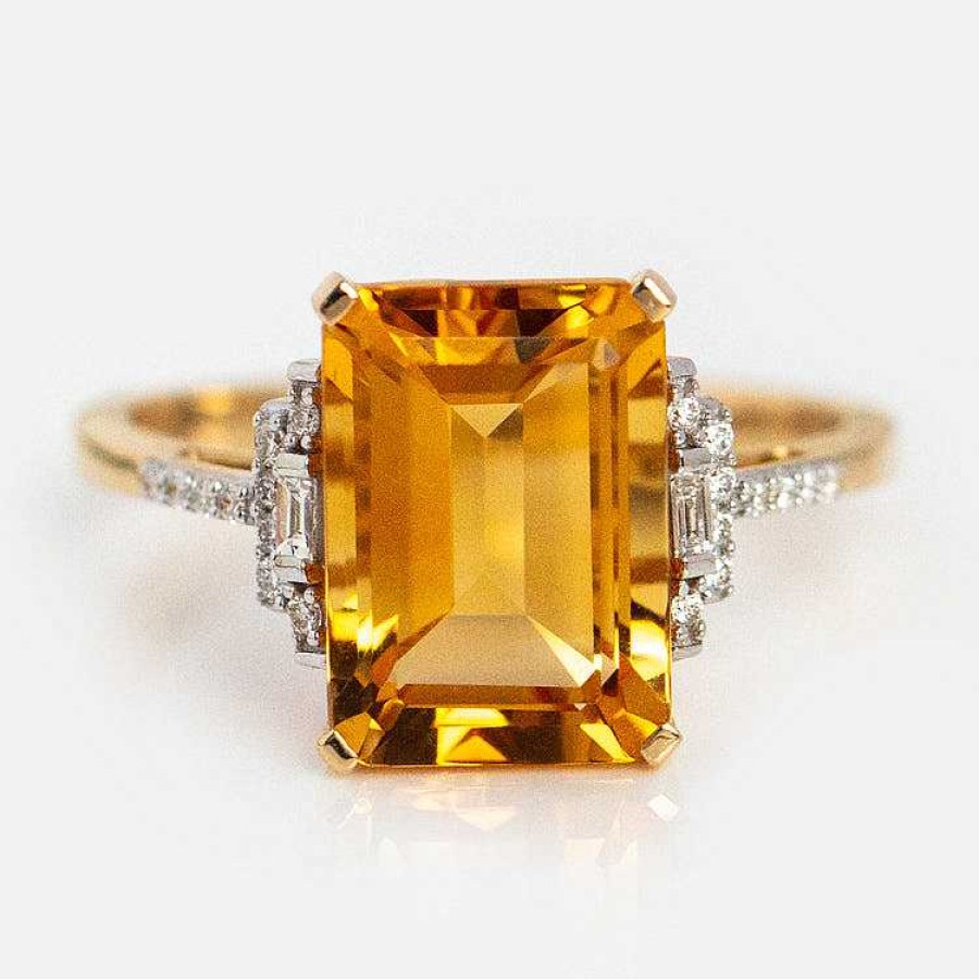 Local Eclectic 14K Solid Gold Citrine And Diamond Deco Ring