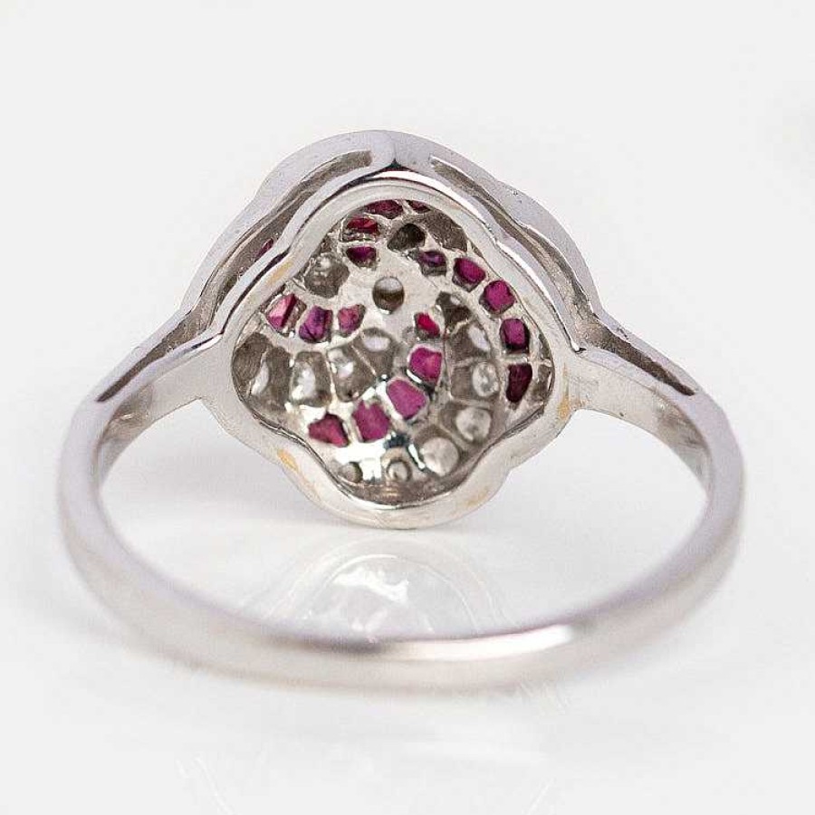 Local Eclectic Vintage 18K White Gold Ruby And Diamond Cluster Ring Size 7