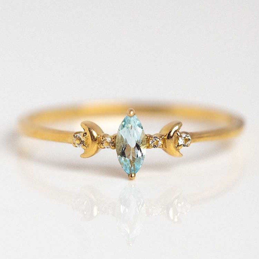 Local Eclectic Solid Gold Blue Topaz Crescent Moon Ring For Clarity