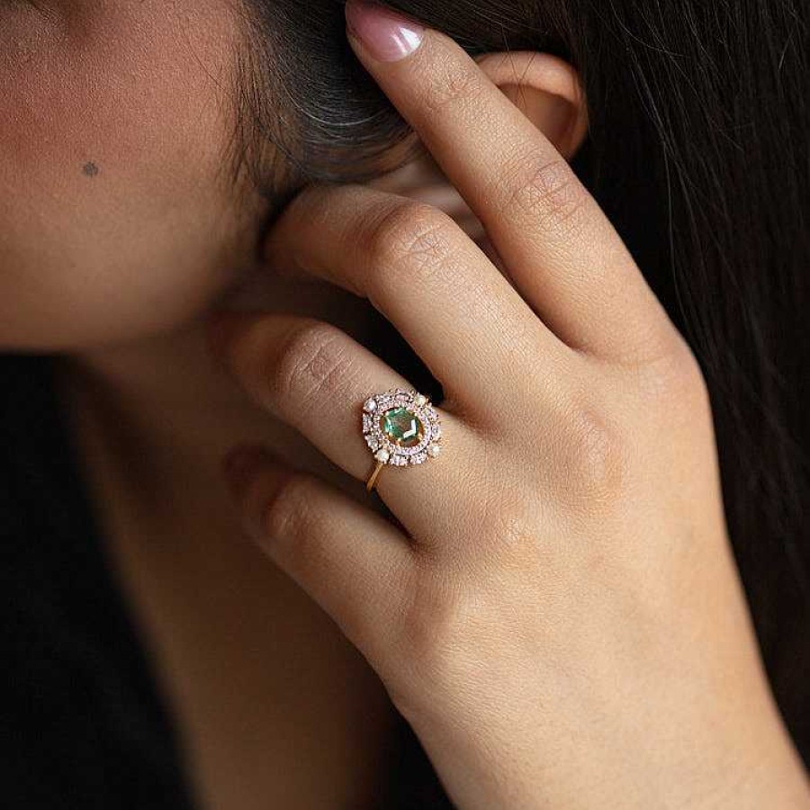 Local Eclectic Fern Green Topaz Statement Ring With Pearl Halo