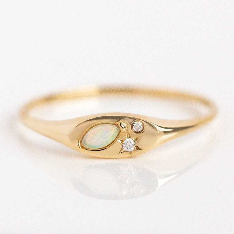 Local Eclectic Solid Gold Opal And Diamond Signet Ring