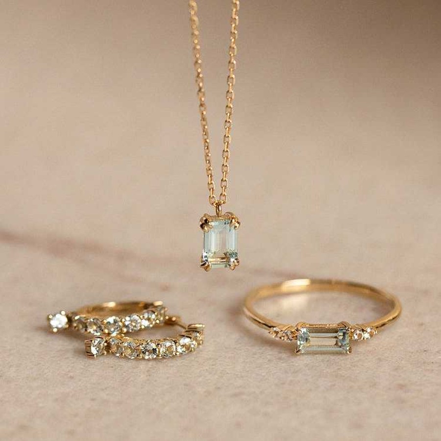 Local Eclectic Solid Gold March Capsule Aquamarine Charm Huggie Hoops