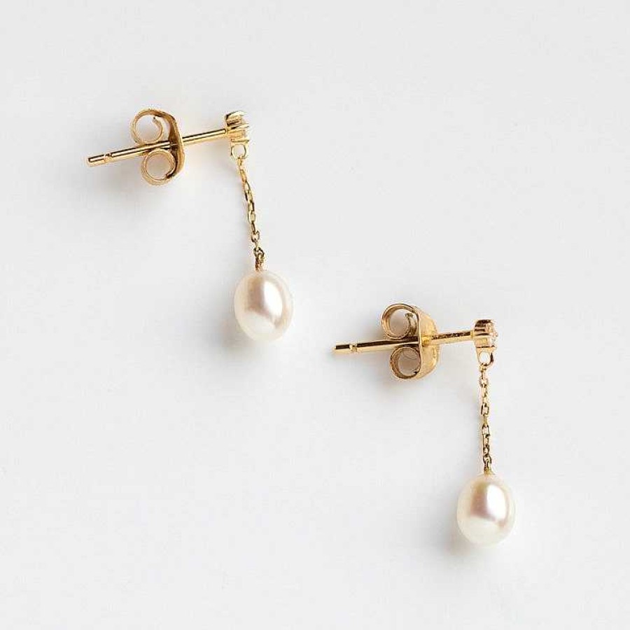 Local Eclectic Solid Gold Pearl And White Sapphire Drop Earrings