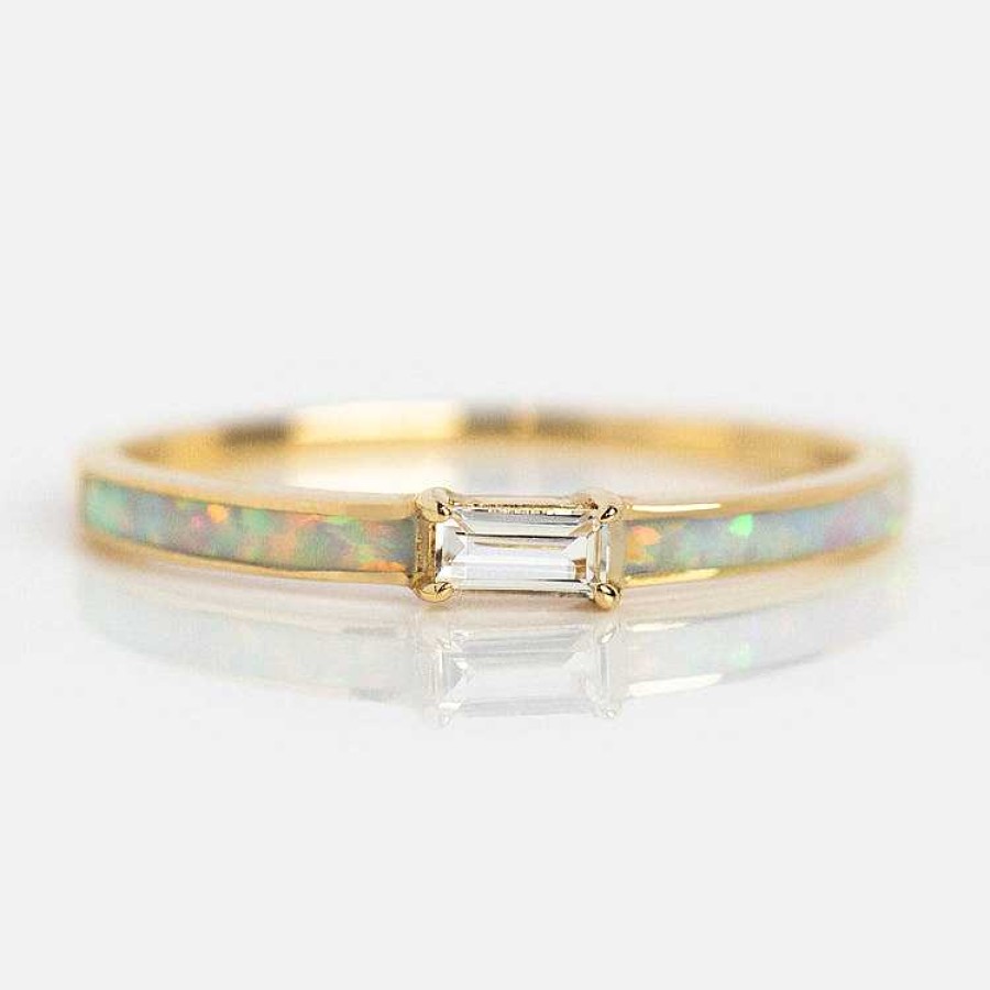 Local Eclectic Solid Gold Opal Inlay Baguette Ring