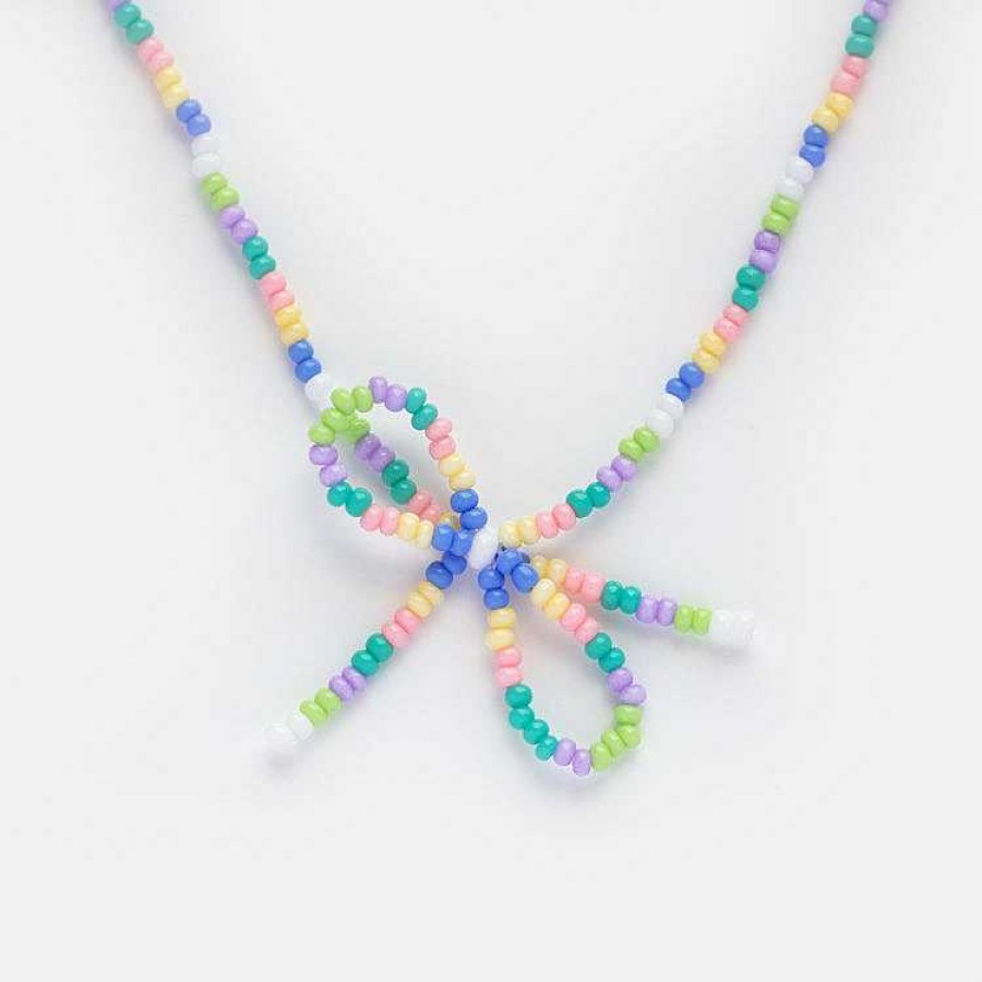 Local Eclectic Ballet Pastel Stripe Beaded Bow Necklace