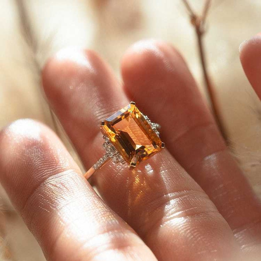 Local Eclectic 14K Solid Gold Citrine And Diamond Deco Ring