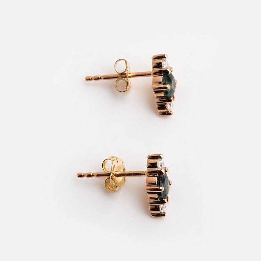 Local Eclectic 14Kt Rose Gold Moss Agate And Moissanite Triage Stud Earrings