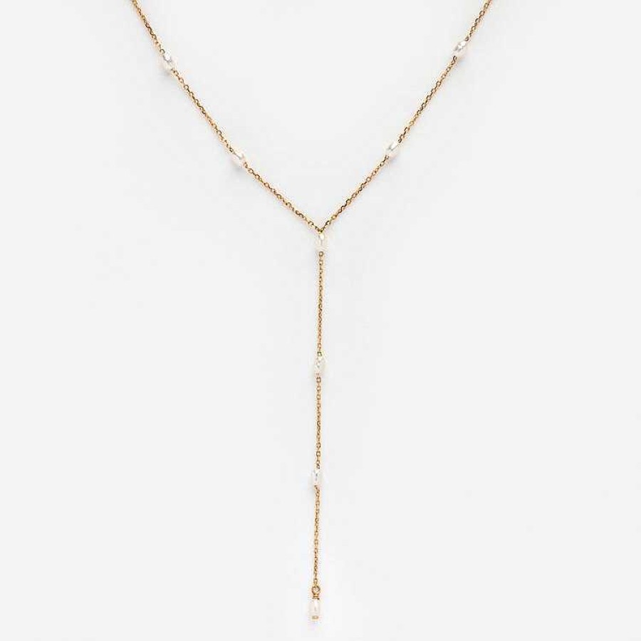 Local Eclectic Solid Gold Pearl Lariat Necklace