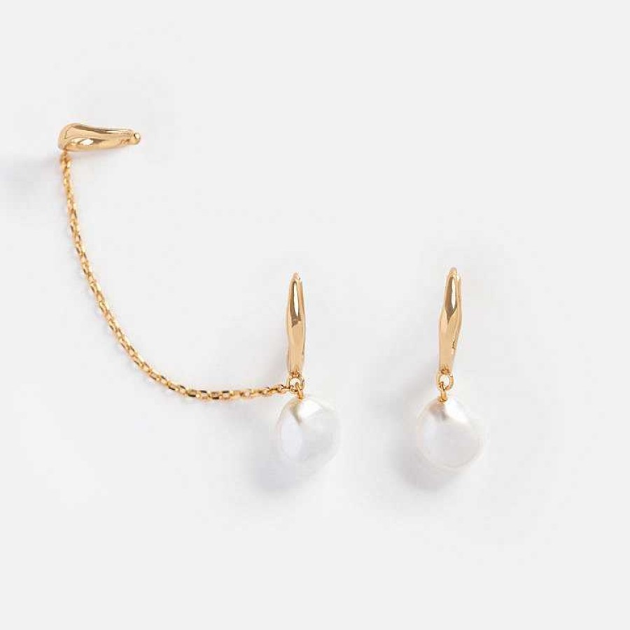 Local Eclectic Baroque Pearl Huggie Earrings With Ear Cuff