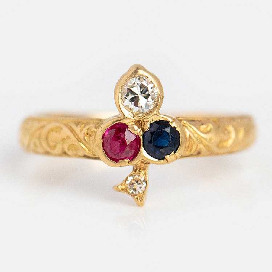 Local Eclectic Vintage 18K Ruby Diamond And Sapphire Clover Ring Size 5