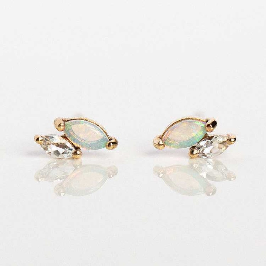 Local Eclectic Solid Gold Opal And White Topaz Marquise Studs