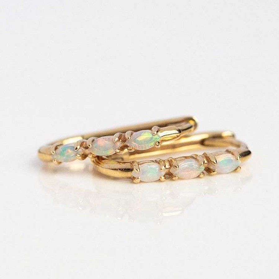 Local Eclectic Solid Gold Opal Oblong Huggie Hoops