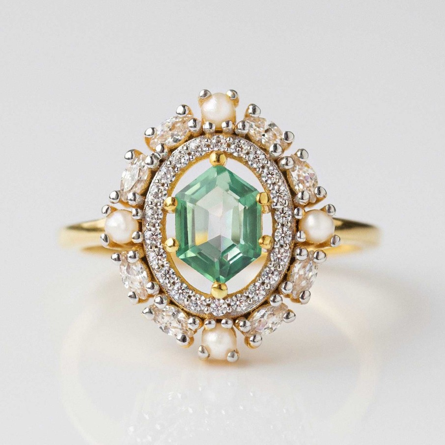 Local Eclectic Fern Green Topaz Statement Ring With Pearl Halo