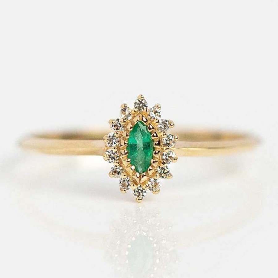 Local Eclectic Solid Gold May Capsule Emerald Halo Ring