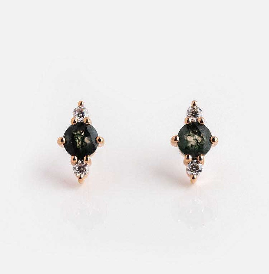 Local Eclectic 14Kt Rose Gold Moss Agate And Moissanite Triage Stud Earrings