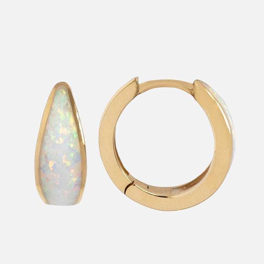 Local Eclectic Solid Gold Chunky Opal Inlay Huggie Hoops