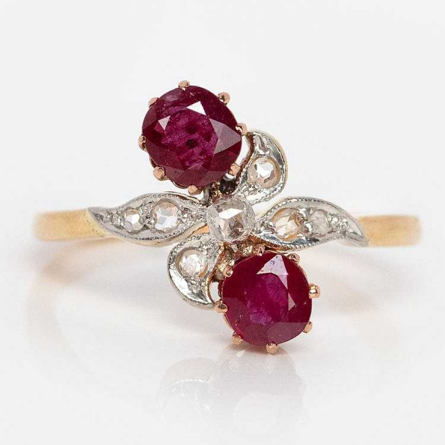 Local Eclectic Vintage 14K Milgrain Ruby And Diamond Crossover Ring Size 5.5