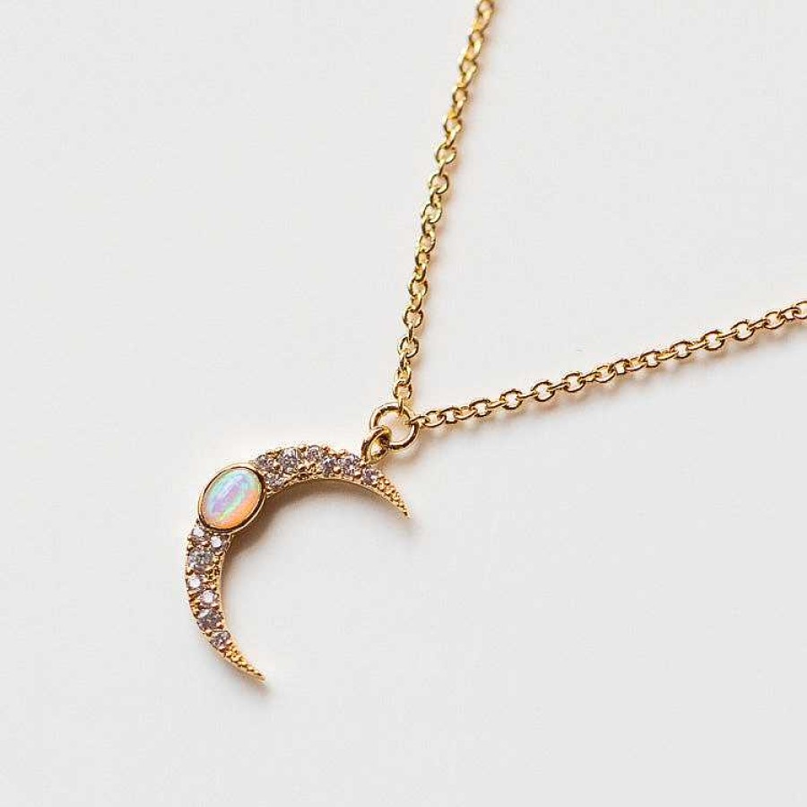 Local Eclectic Crescent Moon Necklace With Opal And Cz