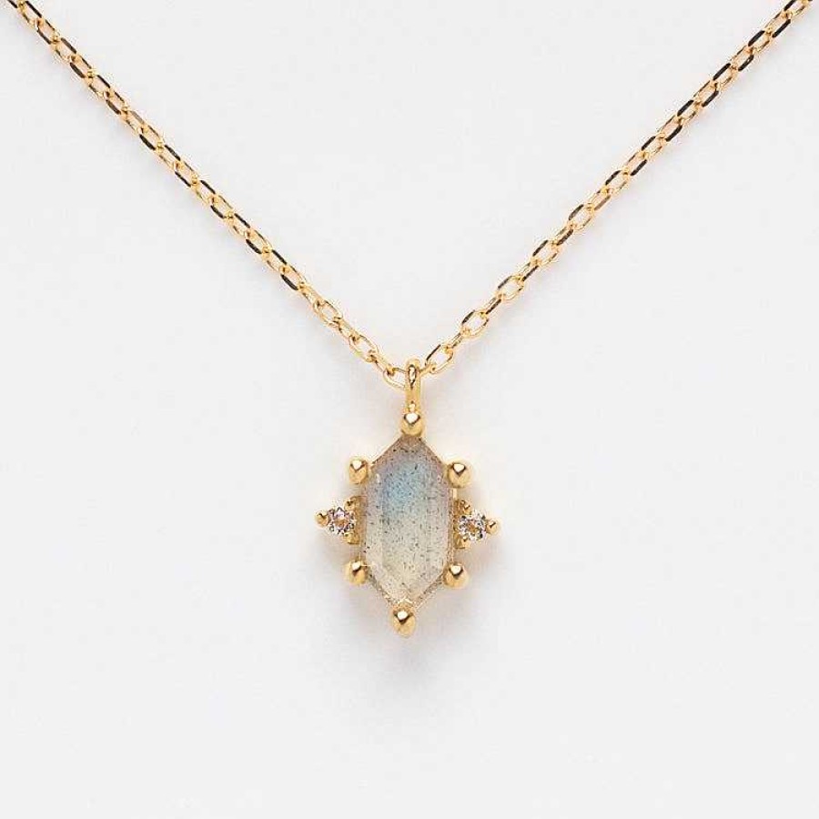 Local Eclectic Solid Gold Mystic Labradorite Hexagon Necklace For Protection